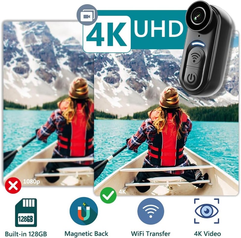 DayDateUp 4K Mini Body Camera 128GB, Thumb Size Action Body Cam, Wearable Sports Cameras,Hands-Free POV Recording, Helmet Mount, Magnetic Sport DV for Bike Cycling,for Vlogging Pet Walk Swim - Image 1